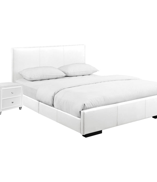 White Upholstered Full Platform Bed with Nightstand