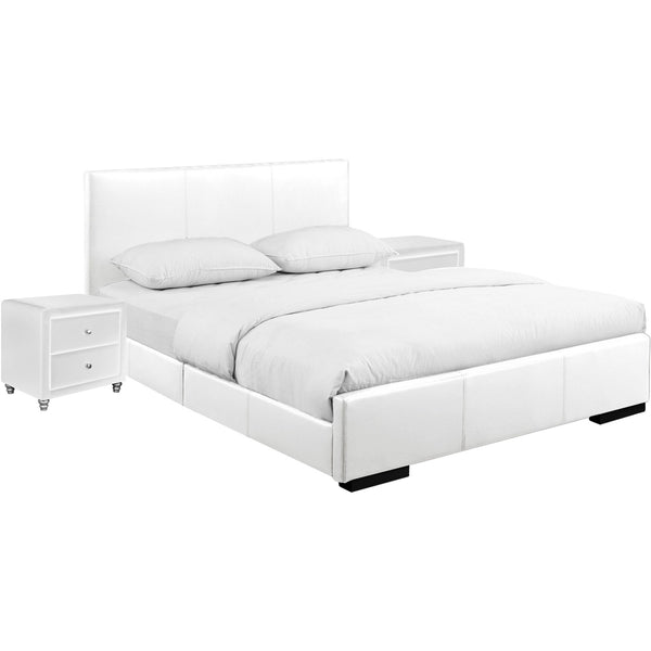 White Upholstered Platform Queen Bed with Two Nightstands