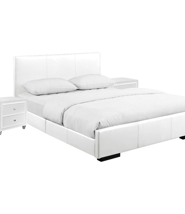 White Upholstered Platform Queen Bed with Two Nightstands