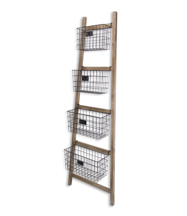 Wooden Ladder Storage Piece with 4 Baskets