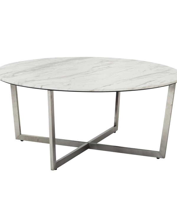 White on Stainless Faux Marble Round Coffee Table