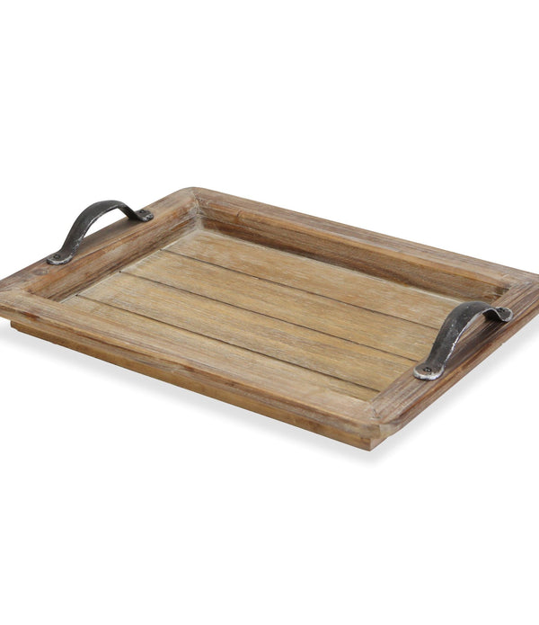 Wooden Paneled Tray with Metal Handles