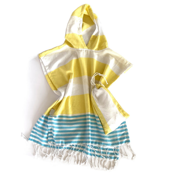 Yellow Aqua and White Striped Design Poncho Towel