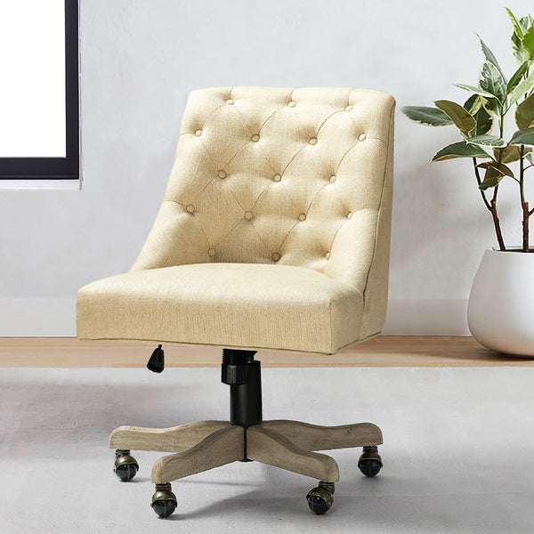 Beige Natural Tufted Back Linen Style Rolling Office Chair