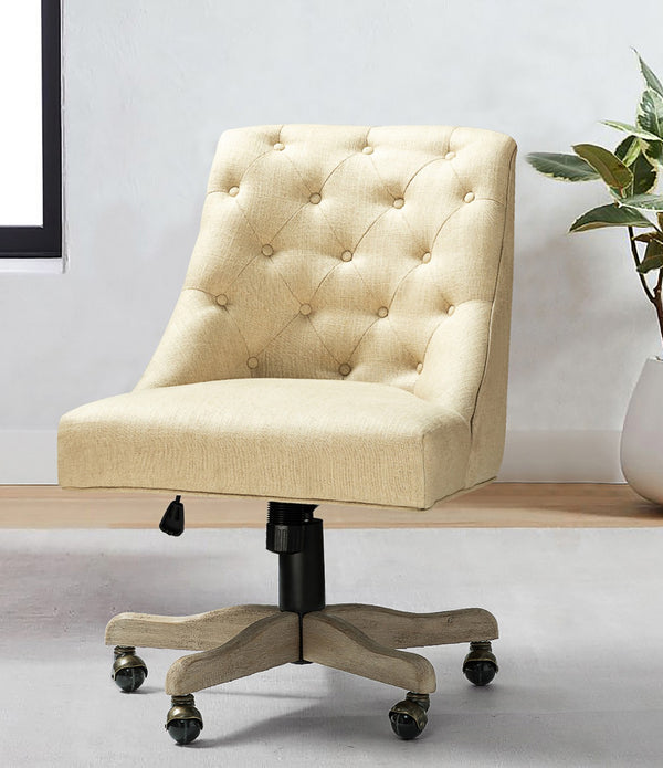 Beige Natural Tufted Back Linen Style Rolling Office Chair