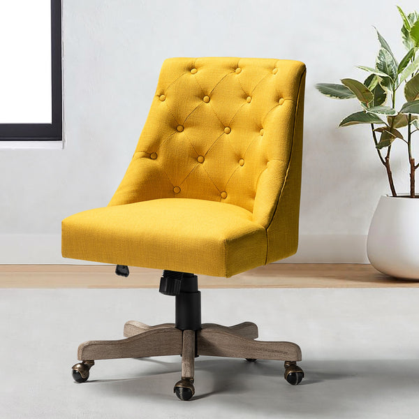 Golden Mustard Tufted Back Linen Style Rolling Office Chair