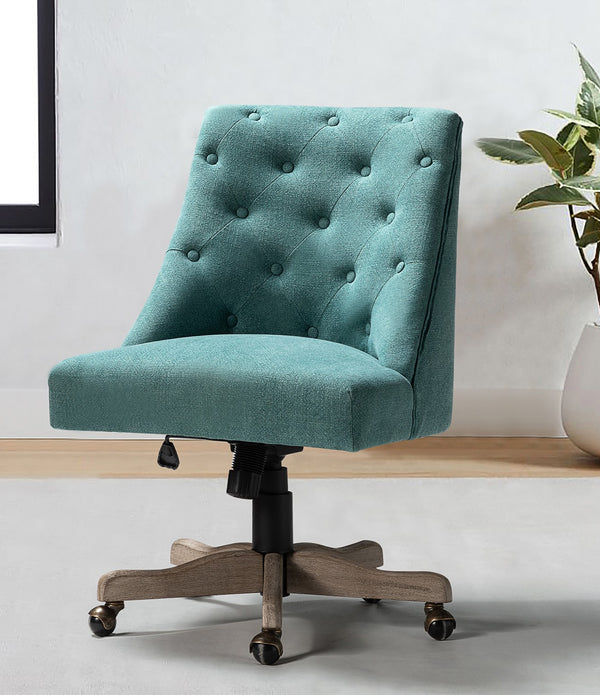 Aqua Teal Tufted Back Linen Style Rolling Office Chair