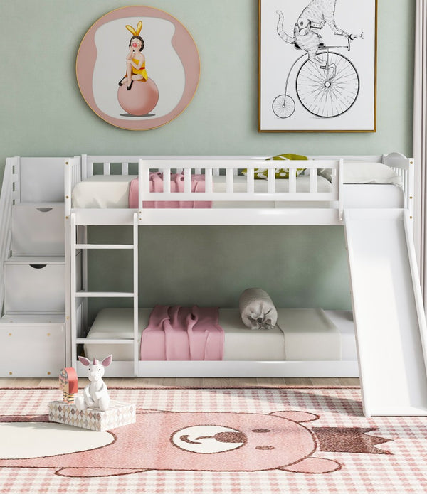 White Twin Over Twin Bunk Bed with Storage Stairs and Slide