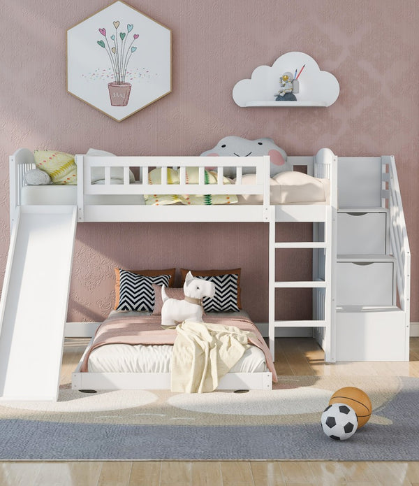 White Twin Over Twin Perpendicular Bunk Bed with Storage Stairs and Slide