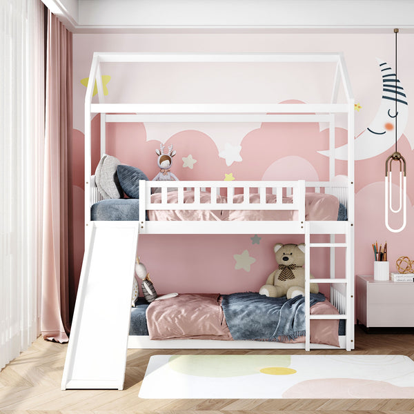 White Playhouse Frame Full Over Full Bunk Bed with Slide