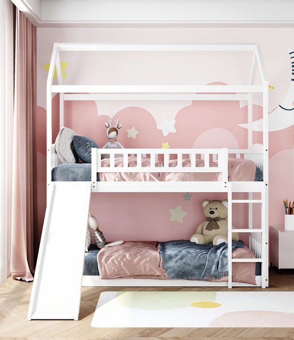 White Playhouse Frame Full Over Full Bunk Bed with Slide