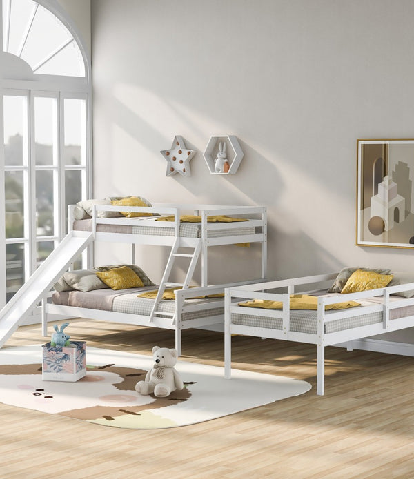 White Twin Over Twin Over Full Triple Bunk Bed with Slide