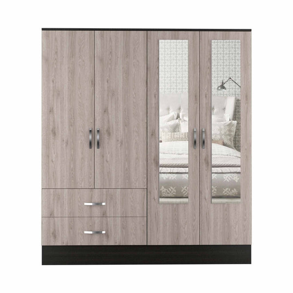 Light Oak and Black Four Door Wardrobe Closet with Mirrors