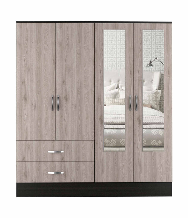 Light Oak and Black Four Door Wardrobe Closet with Mirrors