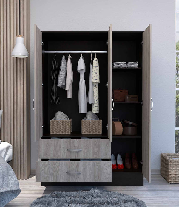 Light Oak and Black Three Door Wardrobe Closet with Mirror