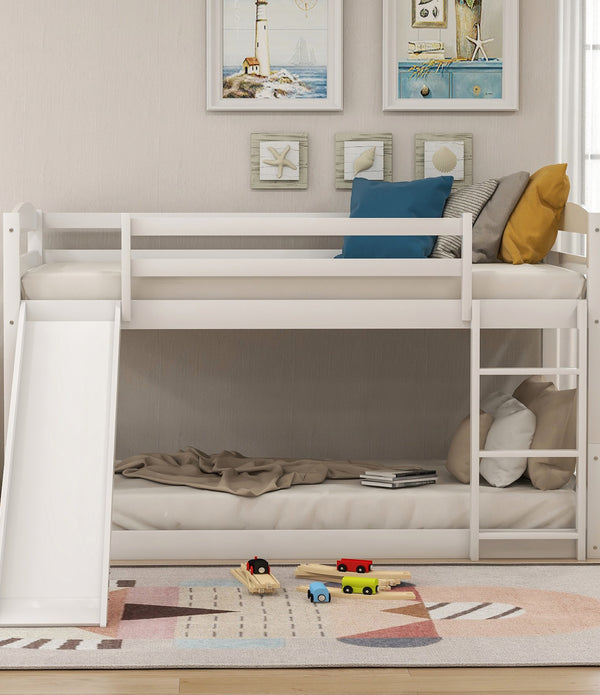 White Twin Over Twin Low Bunk Bed With Slide