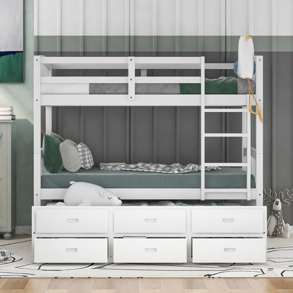 White Twin Over Twin Bunk Bed with Trundle and Drawers