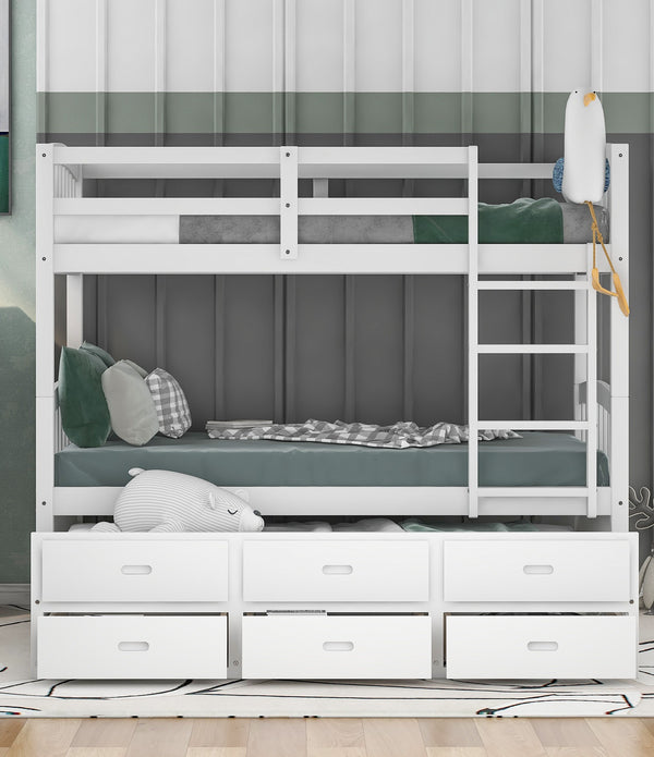 White Twin Over Twin Bunk Bed with Trundle and Drawers