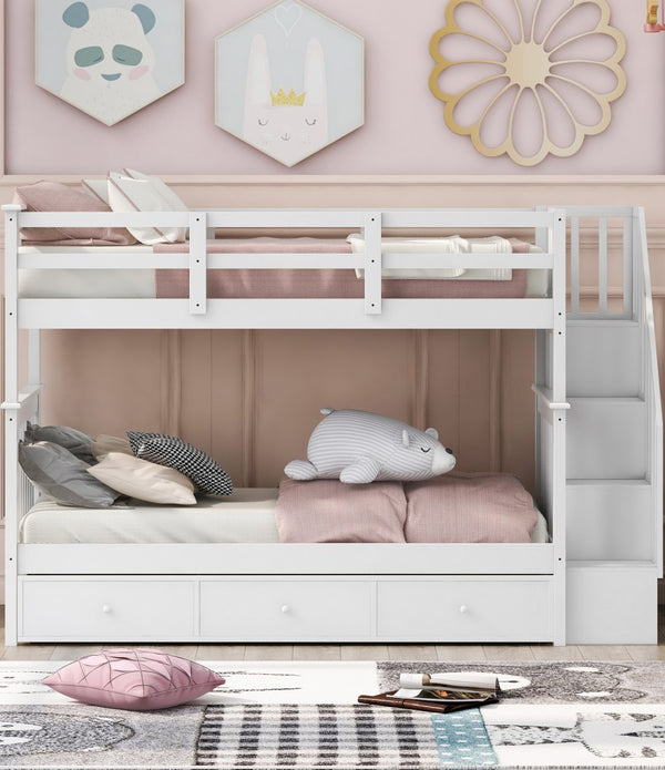 White Twin Over Twin Bunk Bed with Stairway and Drawers