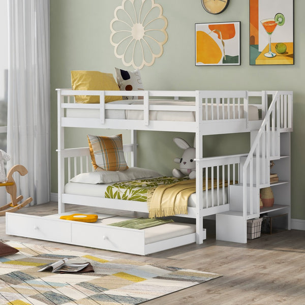 White Full Over Full Bunk Bed with Stairway Drawers and Trundle