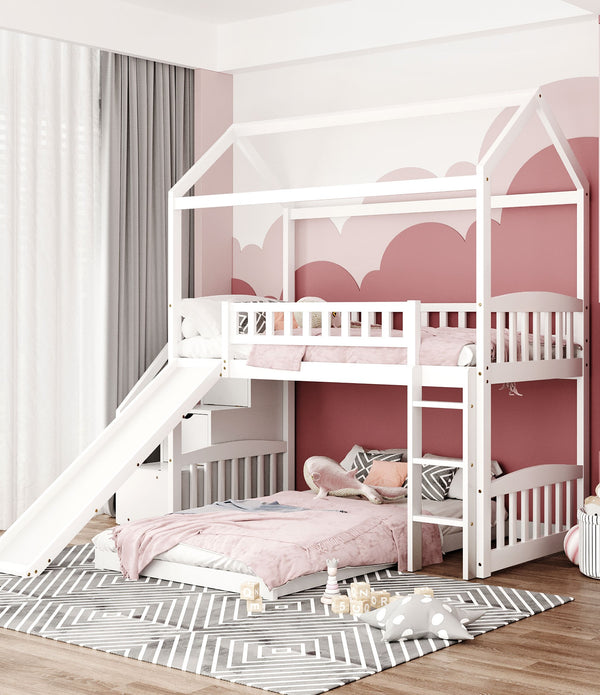 White Twin Over Twin PlayHouse Perpendicular Bunk Bed with Slide