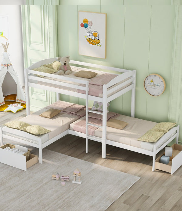 White L Shaped Triple Bunk Bed with Drawers