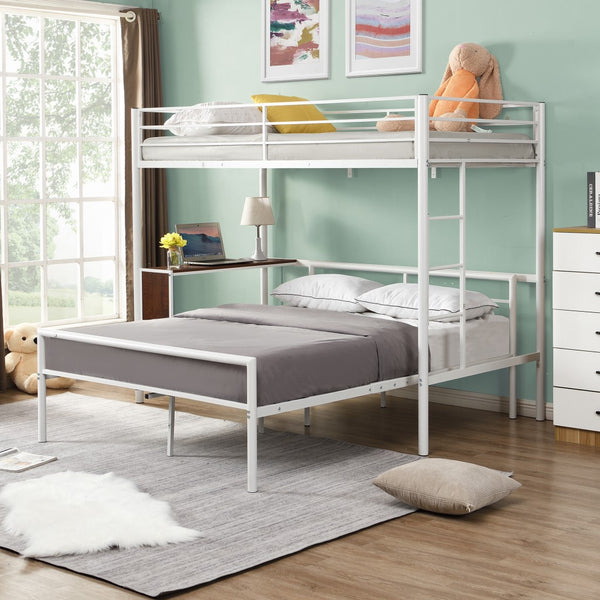 White Twin Over Full Metal Bunk Bed with Built In Desk