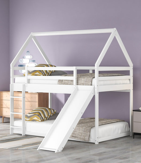 White Twin Over Twin House Bed with Slide and Ladder