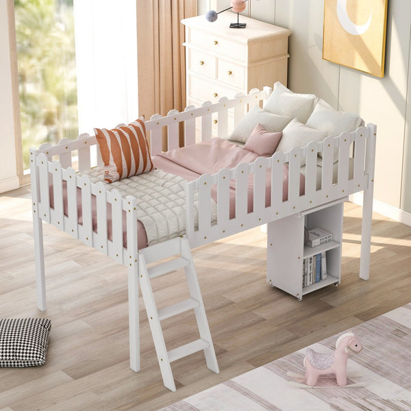 White Picket Fence Twin Size Loft Bed with Desk and Cabinet