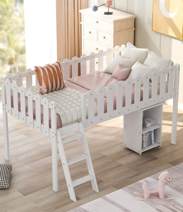 White Picket Fence Twin Size Loft Bed with Desk and Cabinet