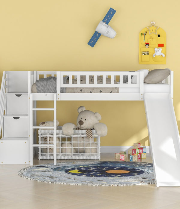 White Twin Size Stairway Loft Bed With Slide