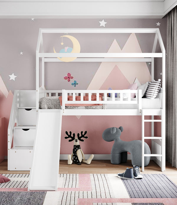 White Twin Size Playhouse Loft Bed With Drawers and Slide