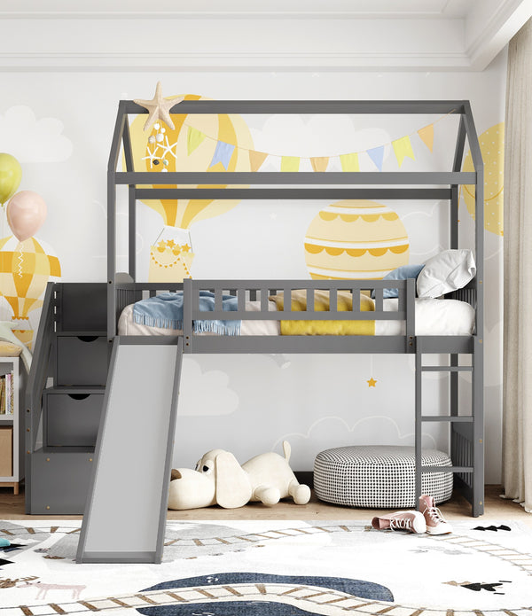 Gray Twin Size Playhouse Loft Bed With Drawers and Slide