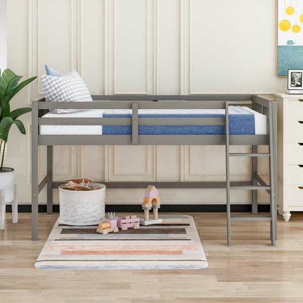 Gray Twin Size Low Loft Bed With Ladder