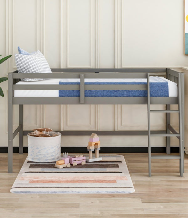 Gray Twin Size Low Loft Bed With Ladder