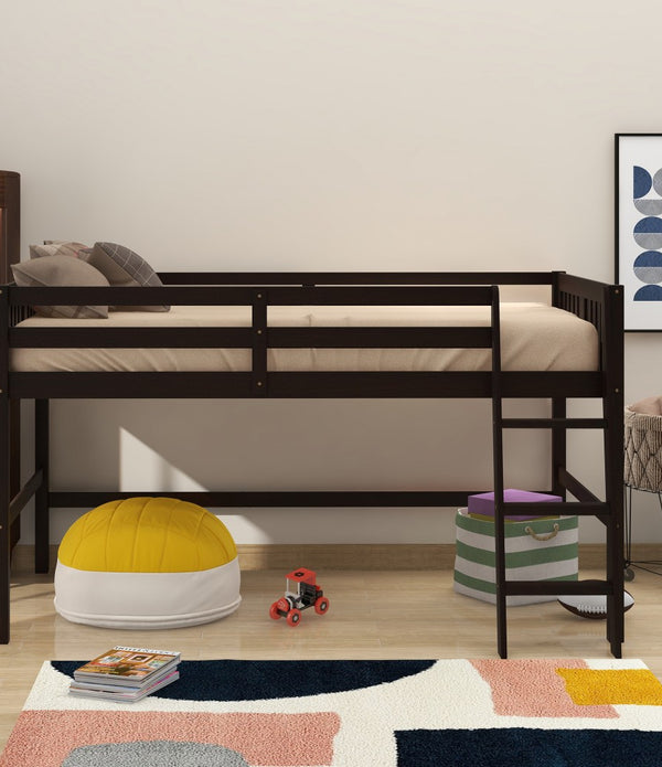 Brown Twin Size Low Loft Bed With Ladder