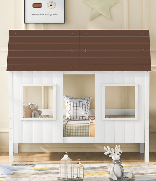 Gray Over White Twin Loft Bed House With Front Windows