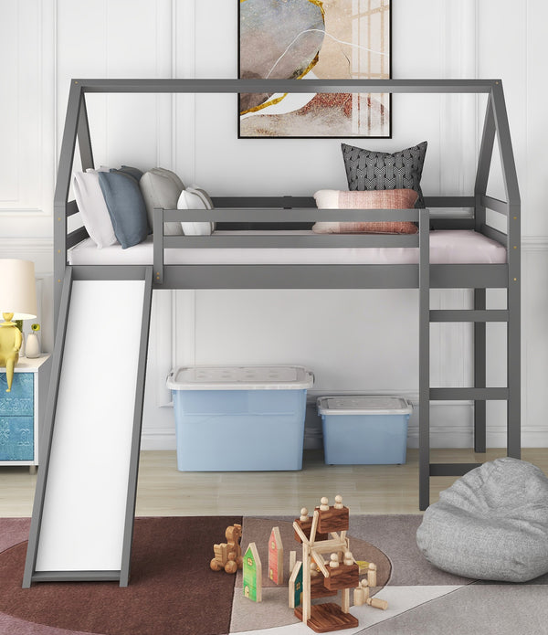 Gray Twin Size Slide House Loft Bed