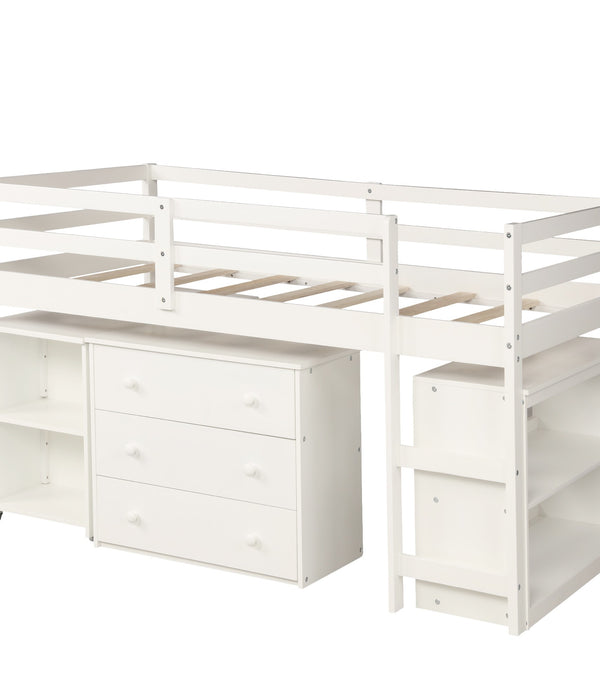 White Low Twin Loft Bed With Cabinet and Desk