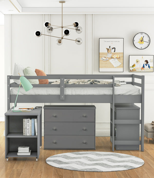 Gray Low Twin Loft Bed With Cabinet and Desk