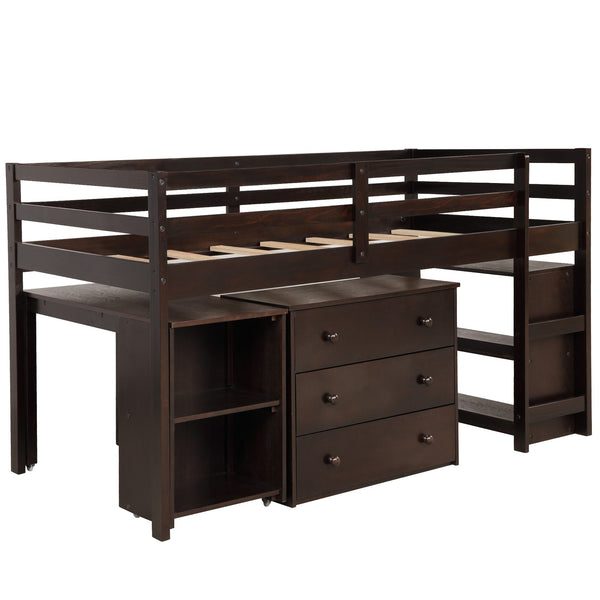 Brown Low Twin Loft Bed With Cabinet and Desk