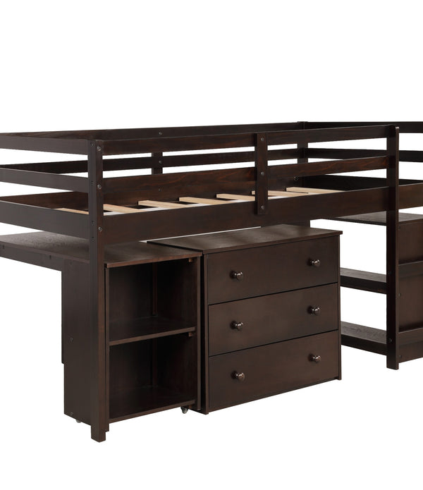 Brown Low Twin Loft Bed With Cabinet and Desk