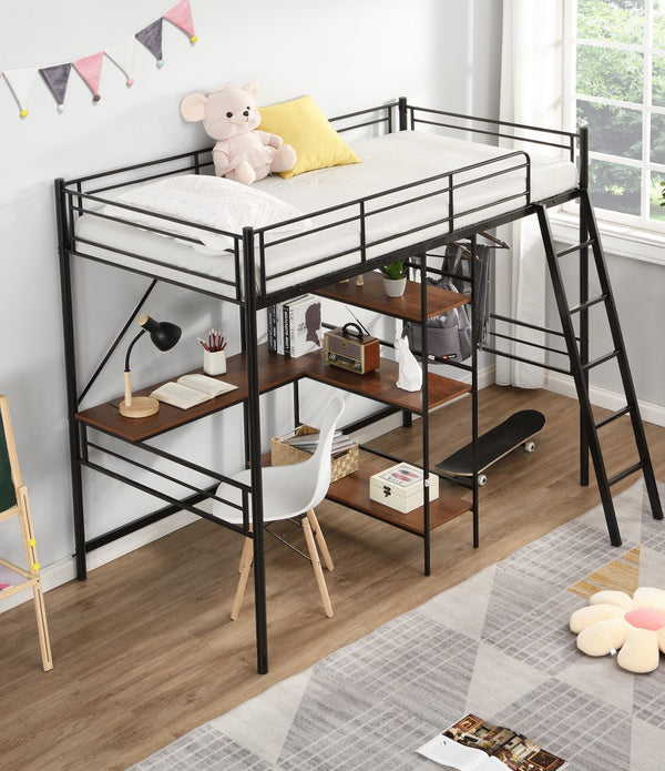 Black Twin Size Metal Loft Bed With Desk and Shelves