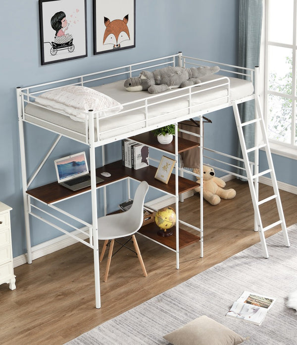 White Twin Size Metal Loft Bed With Desk and Shelves