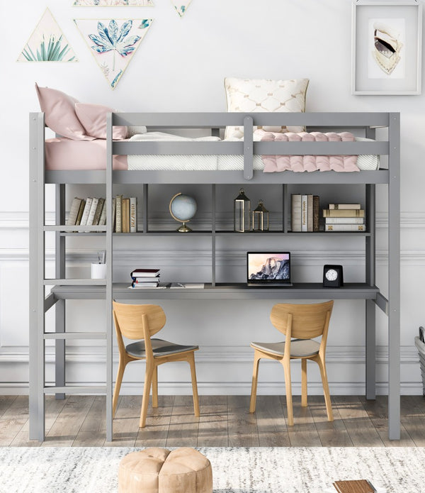 Gray Twin Loft Bed With Desk and Shelves