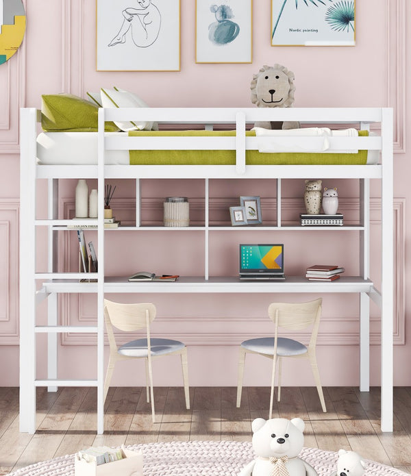 White Twin Loft Bed With Desk and Shelves