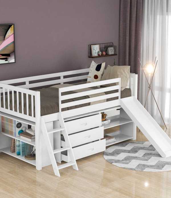 White Twin Loft Bed With Cabinet and Shelves