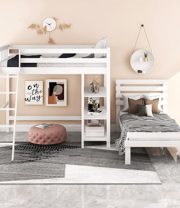 White Double Twin Size Ladder Loft Bed With Headboard