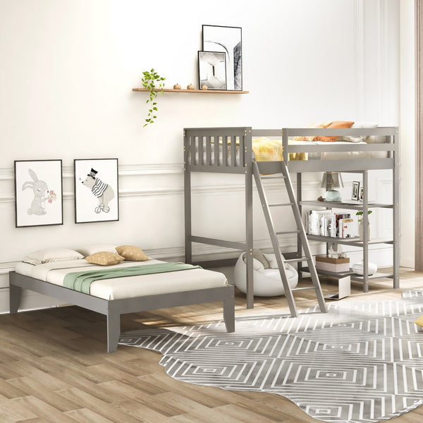 Gray Double Twin Size Ladder Loft Bed