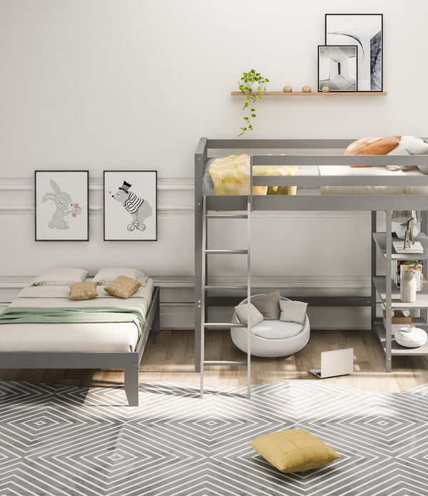 Gray Double Twin Size Ladder Loft Bed